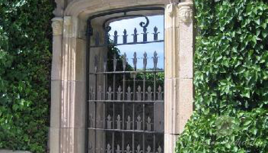 Detalle reja de la forja de la puerta de entrada principal del castillo con panel de cristal con arco de piedra deprimido rectilíneo muy elegante  