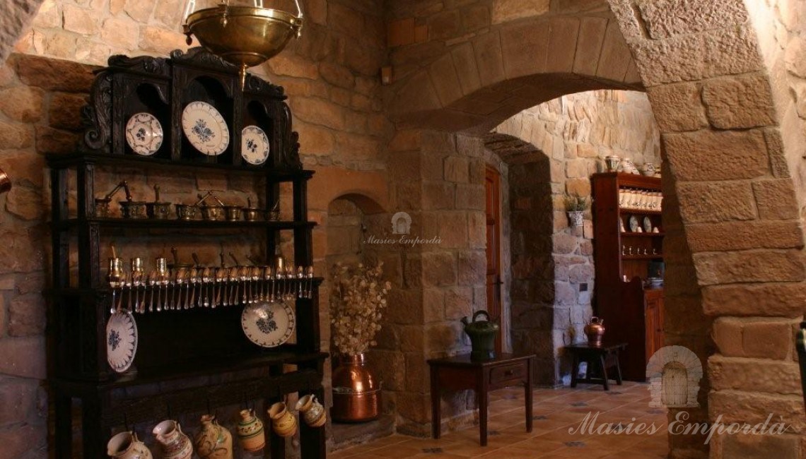 Hermosa imagen de la cocina con parte del gran arco y antiguo armario en madera de roble guarda platos y cubiertos. 