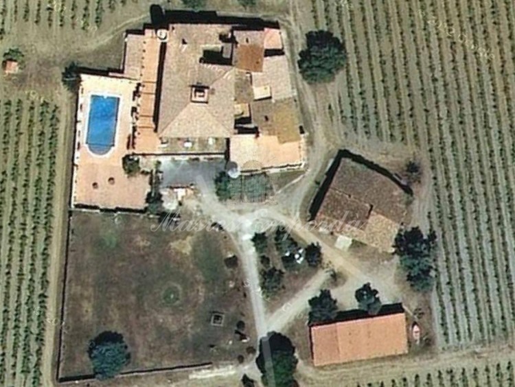 Aerial view of the farmhouse and annexes to this and part of the vineyards 