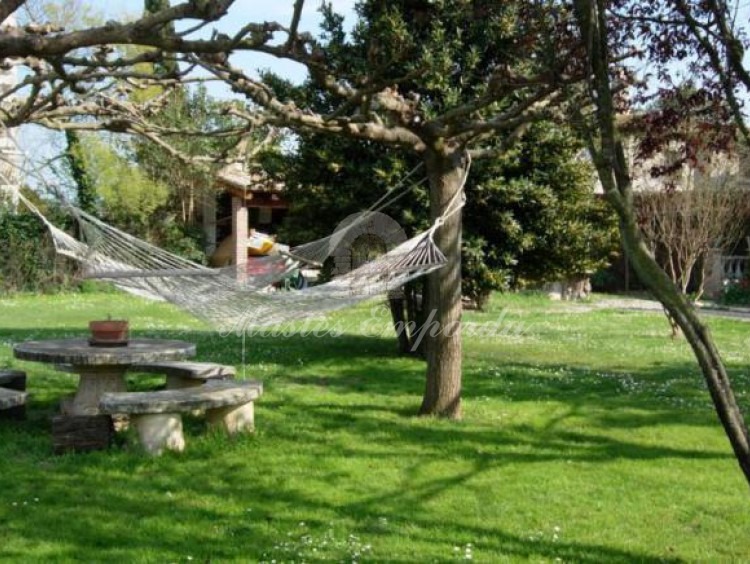 Jardín de la casa con detalle de hamaca colgada entre dos árboles